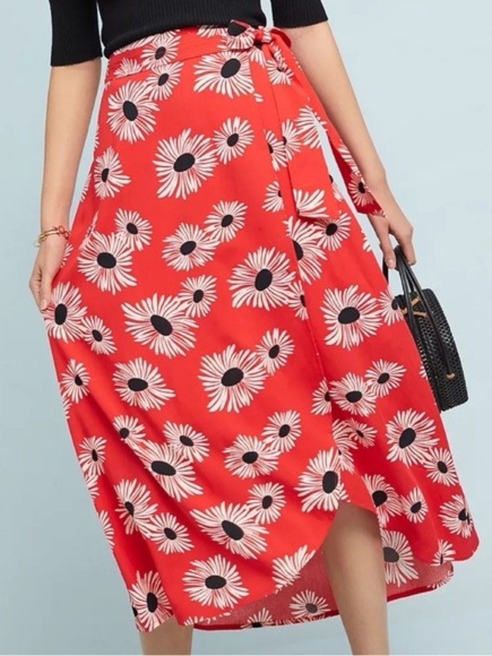 Anthro 37 Of 52 Conversations Colloquial Wrap Midi Skirt Red Daisy Chiffon Lined